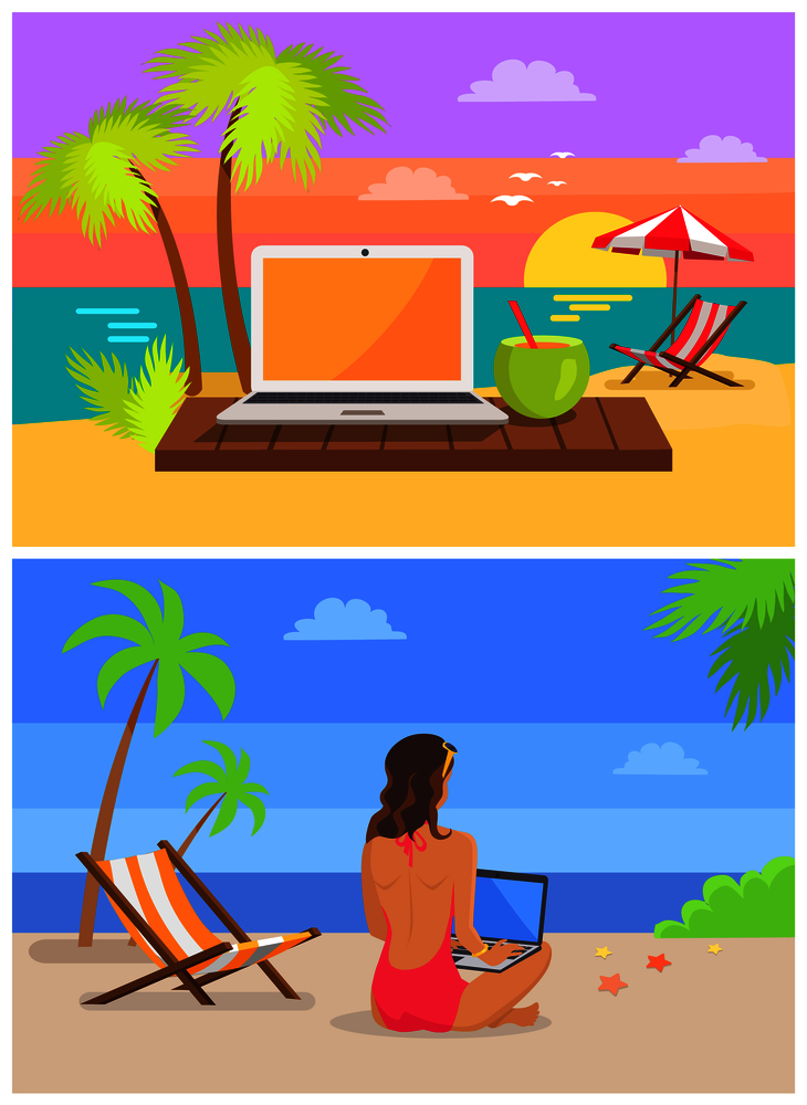 Freelancer laptop collection, woman sitting sand with notebook, freelance and seaside, cocktail at sunset, isolated on vector illustration. Freelancer with Laptop Set Vector Illustration