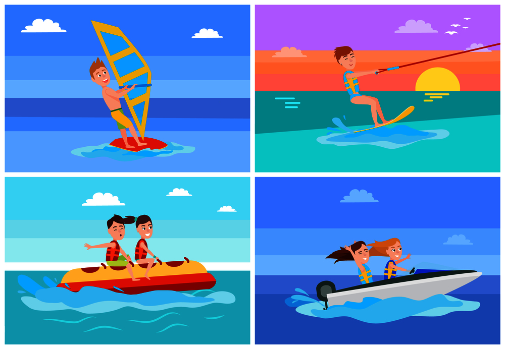 Summertime activities set, windsurfing and banana boat, boating or kitesurfing, boys with girls summer, collection isolated on vector illustration.. Summertime Activities Set Vector Illustration