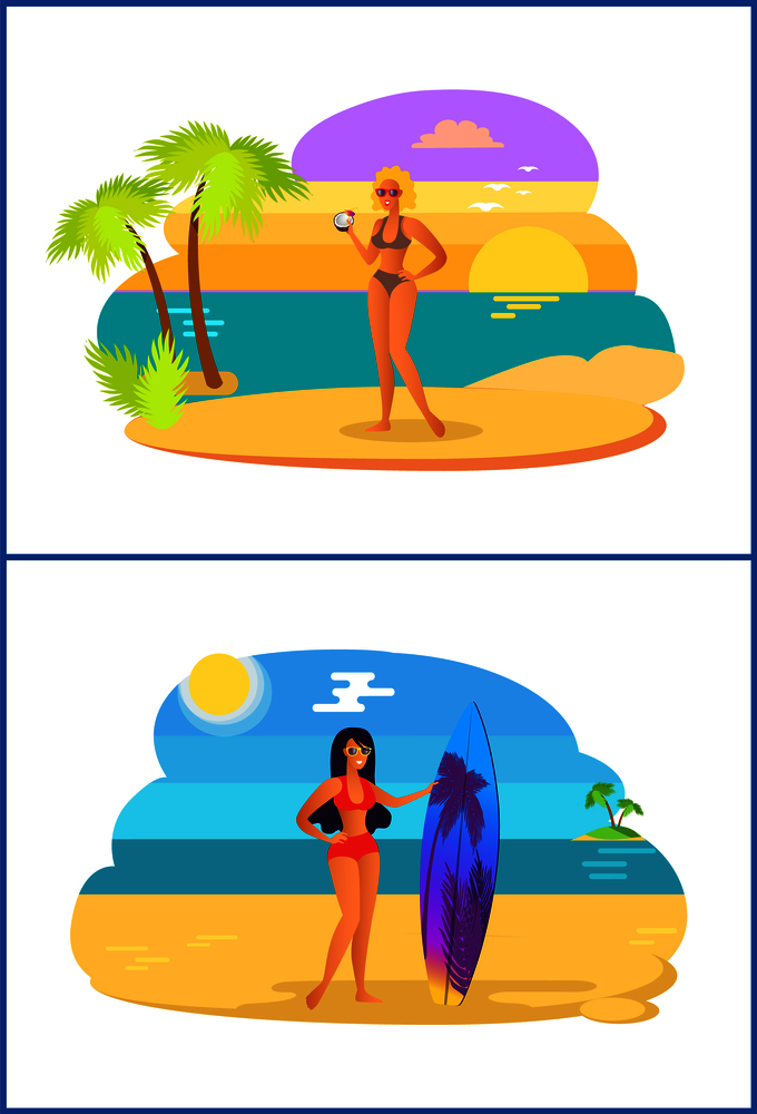 Girls with cocktail and surfboard, summer set, collection of seasides summertime, women have relaxation, sunset isolated cartoon vector illustration.. Girls with Cocktail Surfboard Vector Illustration