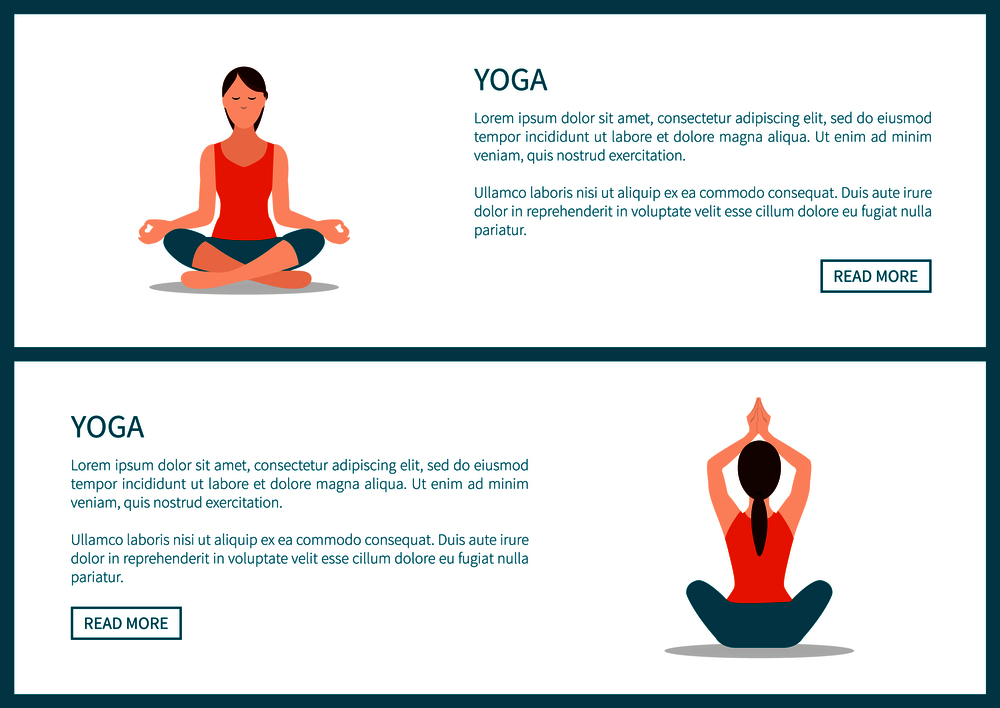 Yoga workout, sporty woman in lotus pose, text sample, concentration training, fitness positions, meditation proces cartoon vector illustrations.. Yoga Workout, Sporty Woman in Lotos Pose