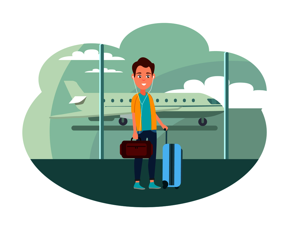 Guy with baggage at airport ready for departure. Man who wants to immigarate. Young refugee waits till flaight starts isolated vector illustration.. Guy with Baggage at Airport Ready to Leave Country