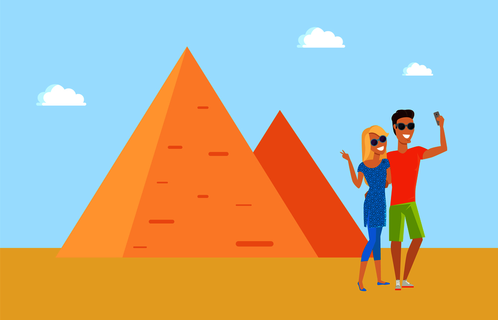 Egyptian pyramid and tourists taking pictures with phone, historical heritage attraction for people, remains of civilisation, vector illustration. Egyptian Pyramid and Tourists Vector Illustration