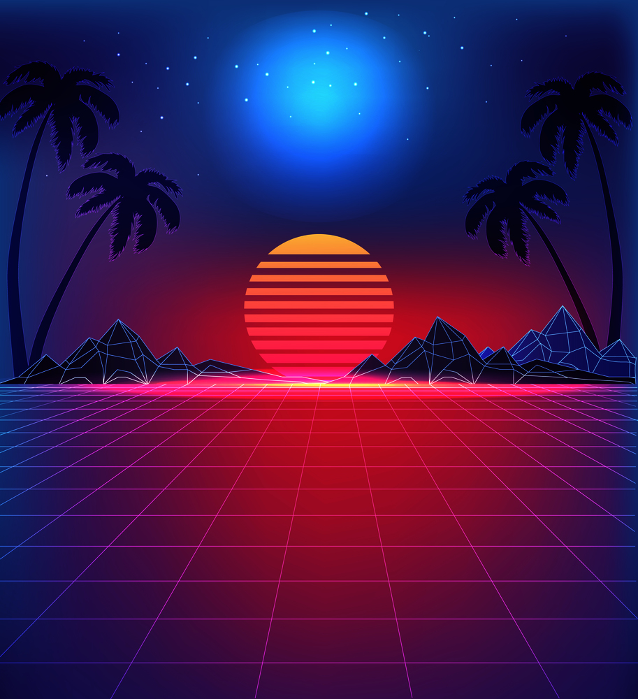 80s style landscape with grid texture in neon. Rocky mountains and tall palms at sunset. Starry sky above digital nature elements vector illustration.. 80s Style Landscape with Grid Texture in Neon