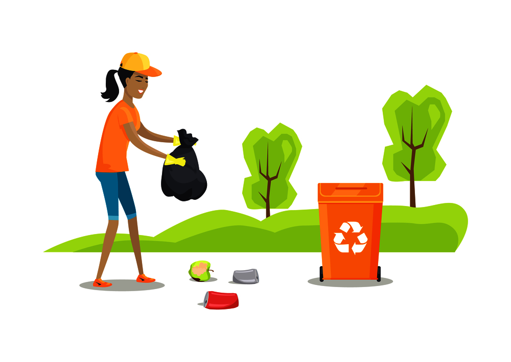 Person caring of nature cleaning park and collecting aluminum cans in bag organic waste rotten apple volunteering woman protection vector illustration. Person Caring Nature Cleaning Vector Illustration