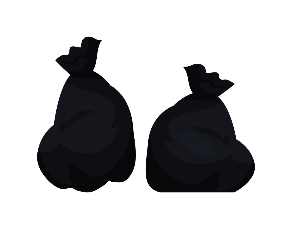 Packages with garbage vector illustration of big black plastic bags with wastes isolated on white background. Packs full of rubbish, packets and litter. Packages with Garbage Vector Illustration Big Bags