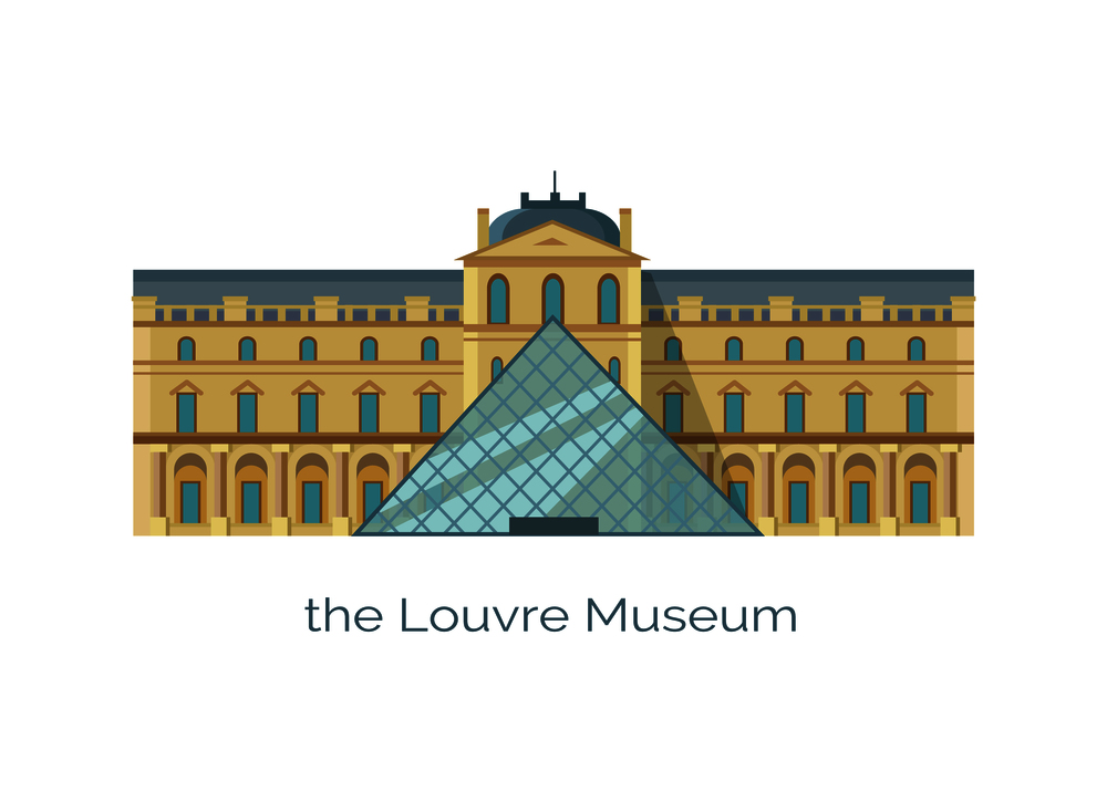 Louvre museum world&rsquo;s largest art and historic monument in Paris, France vector illustration isolated on white, popular landmark, historical construction. Louvre Museum Worlds Largest Art Historic Monument