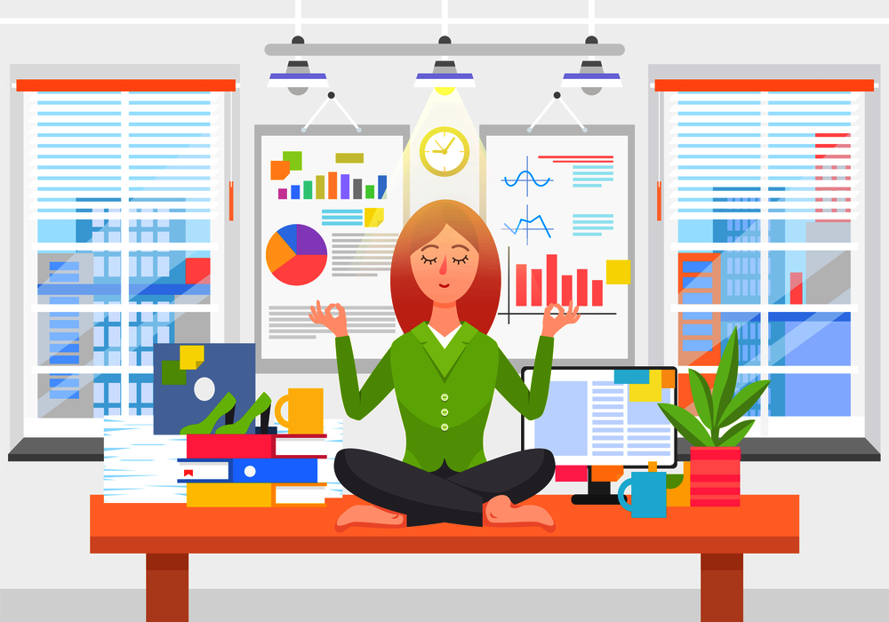 Woman meditates on work place in business office. Calm girl among documents and file folders with skyscrapers at windows cartoon vector illustration.. Woman Meditates on Work Place in Business Office