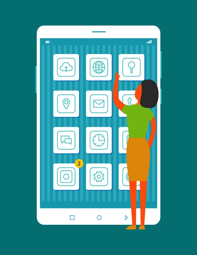 Mobile programs collection vector illustration of woman that choosing convenient icon, smartphone main menu screen with set of varied applications. Mobile Programs Collection Vector Illustration