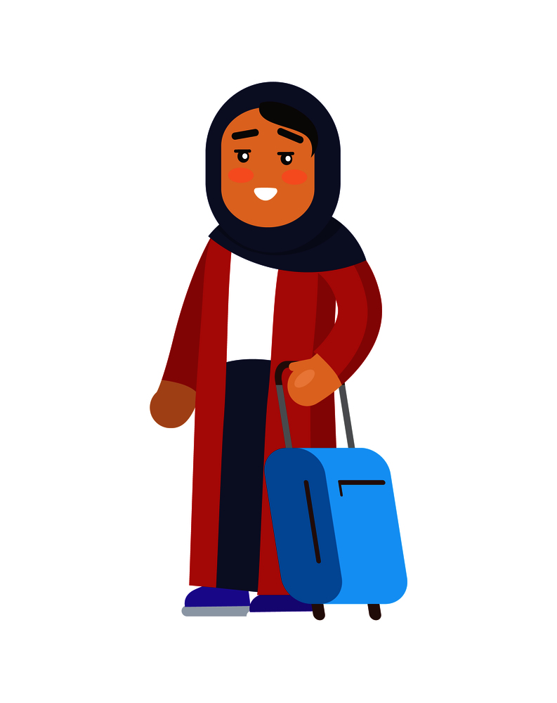 Muslim woman holding luggage and having calm smiling expression on face, lady wearing long clothes exited to travel, isolated on vector illustration. Muslim Woman Holding Luggage Vector Illustration