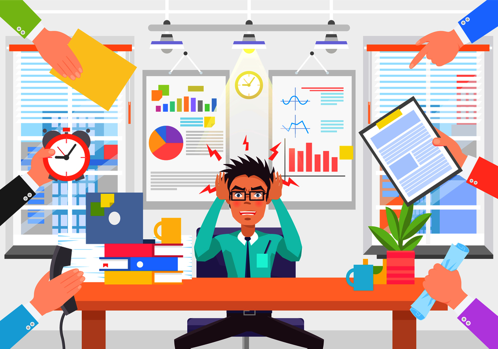 Stressful man in modern office colorful banner, bright room with graphs and charts, set of hands in business suits holding documents clock and phone. Stressful Man in Modern Office Colorful Banner
