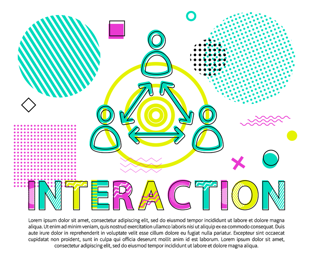 Interaction between people abstract vector banner, illustration with human icons isolated on white background, text sample and geometrical ornament. Interaction Between People Abstract Vector Banner