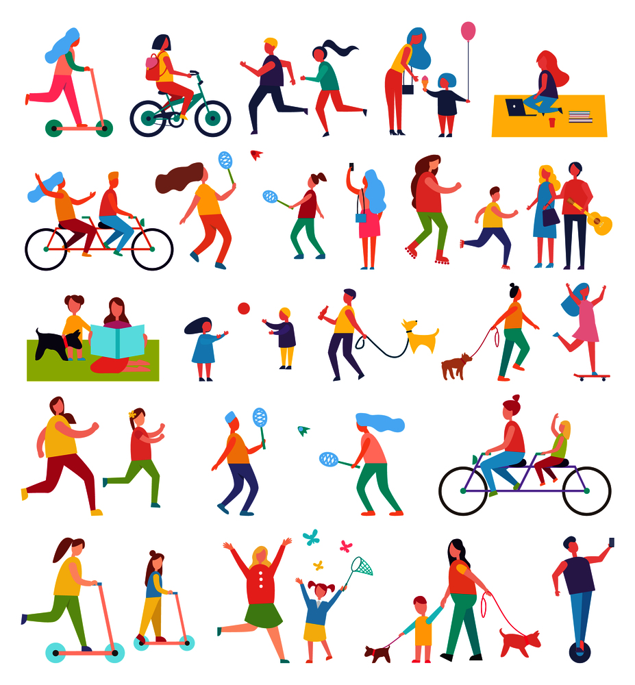 Couple running and riding bike isolated icons set. Butterfly cathing, working in park, walking dog, eating ice cream. People playing tennis vector. Couple Running and Riding Bike Vector Illustration