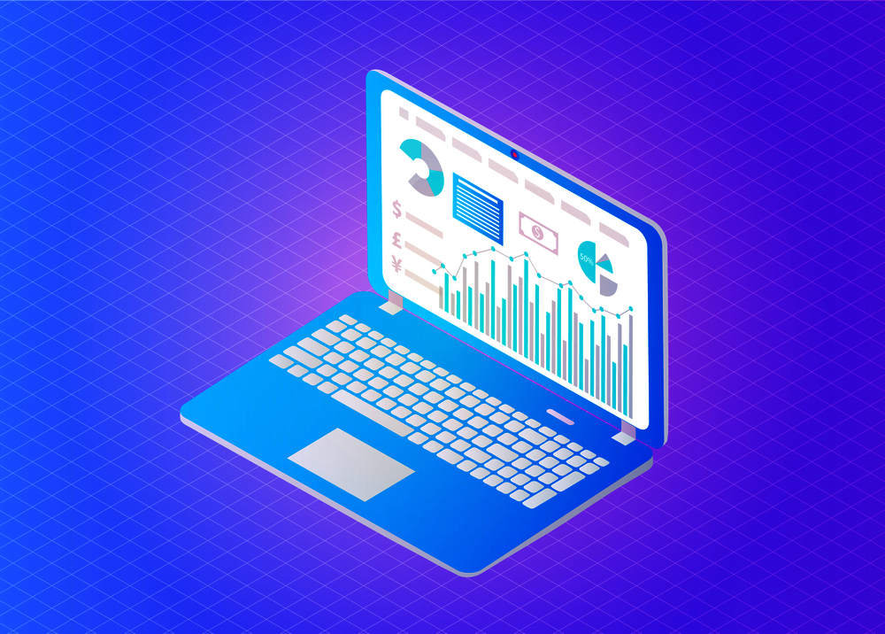 Digital analytics data presented on screen. Isolated 3d isometric icon of laptop with pie diagram, dollar banknote financing and money info vector. Digital Analytics on Screen Vector Illustration