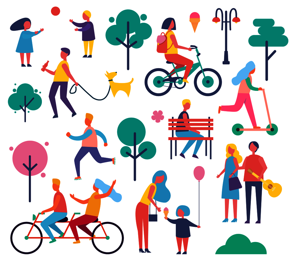 Park full of people isolated icons set vector. Male and female resting, children playing with ball, mom and child eating ice cream. Bikers on bicycles. Park Full of People Icons Set Vector Illustration