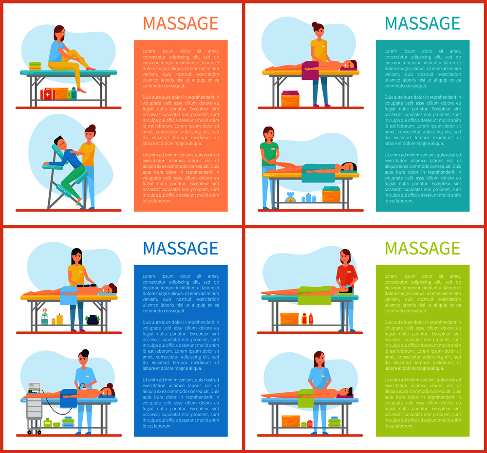 Relaxing and stretching muscles massage in physiotherapy room vector set. Masseuse in uniform massaging foot and back, face and body of lying client. Relaxing Stretching Muscles Massage Physiotherapy