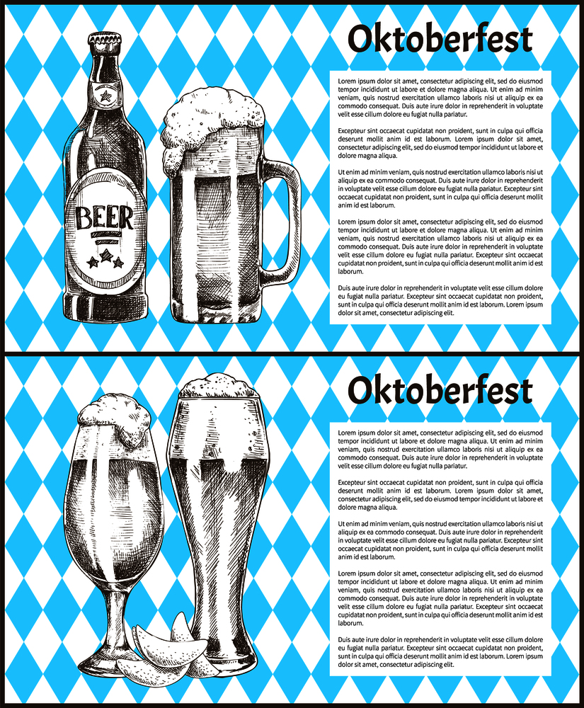 Oktoberfest posters beer set. Traditional German holiday involving drinking great amounts of alcohol. Bottle and label beverage vector illustration. Oktoberfest Posters Beer Set Vector Illustration