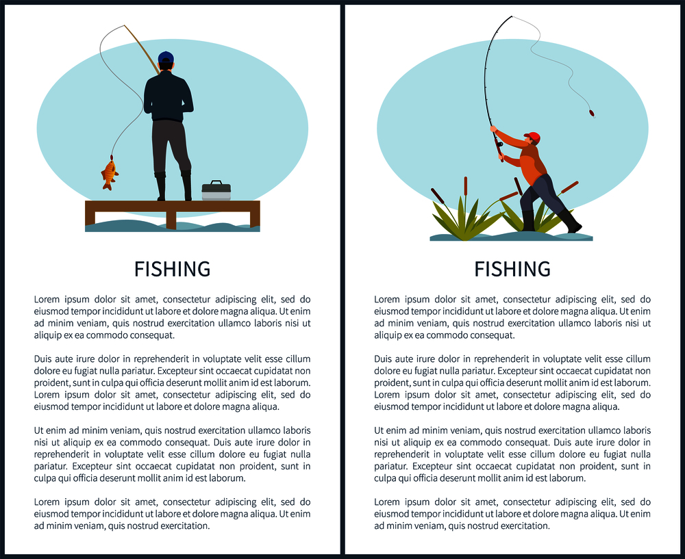 Fishing or angling hobby or sport activity poster with text sample. Man with spinning and fish on pier or dock and fishman in reed throwing rod gear.. Fishing or Angling Hobby or Sport Activity Poster