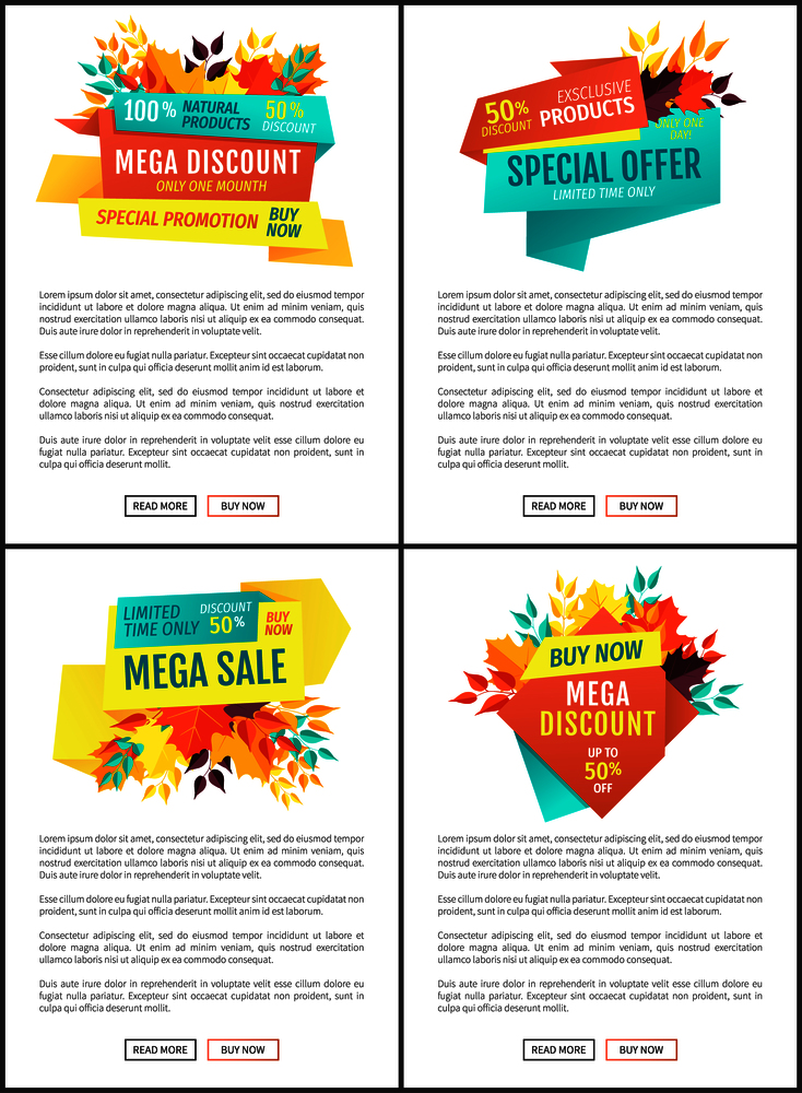 Mega discount special offer posters set. Decreased prices reduction of cost on natural products. Autumnal clearance promotion and suggestion vector. Mega Discount Special Offer Vector Illustration