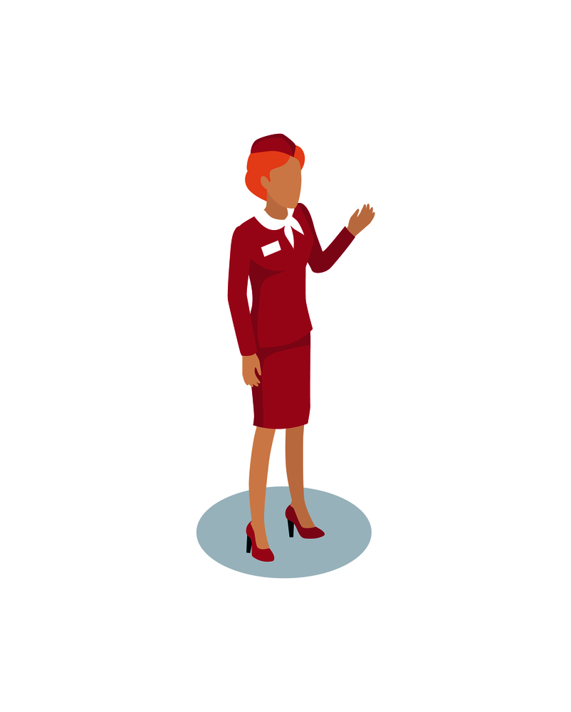 Fly attendant greeting 3D icon. Stewardess welcoming people on board. Air hostess in red uniform with name badge on jacket airlines isolated on vector. Fly Attendant Greeting Icon Vector Illustration