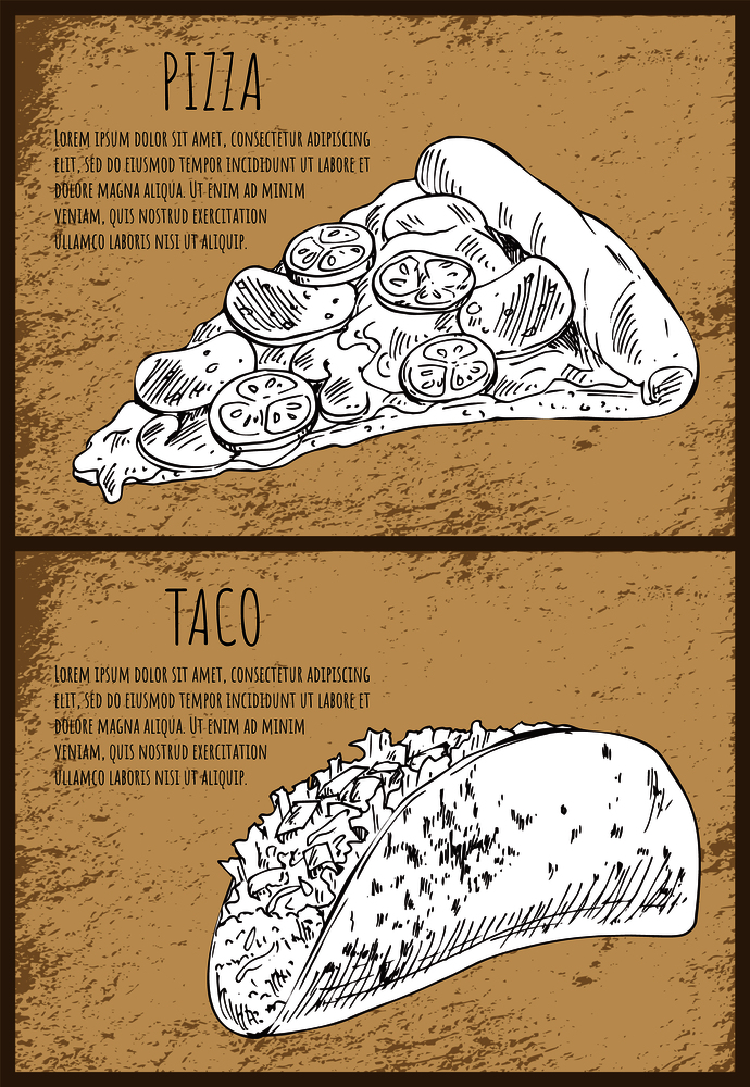 Appetizing pizza slice and hot stuffed taco. Hand drawn vector illustration set in sketch style on vintage background with spots and text sample poster.. Appetizing Pizza Slice and Hot Full Taco Poster