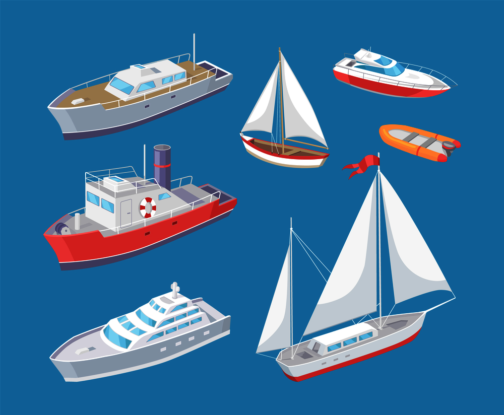 Water transport traveling vessel vector. Set of various kind of transportation means for passengers. Great distances, sailing boat and cargo ship. Water Transport Traveling Vessel Voyage Vector