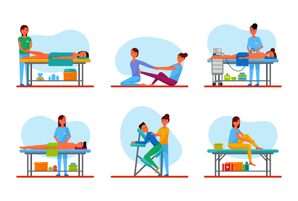 Massage methods used by masseuses, isolated icons set vector. Foot and back, abdominal belly treatment and self care. Apparatus machine and chair. Massage Methods of Masseuses Icons Set Vector