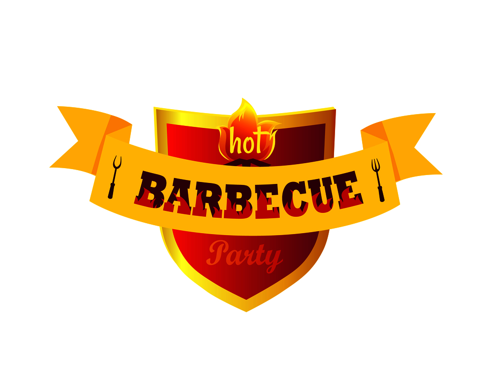 Hot barbecue party isolated icon closeup vector. Shield with yellow edges and fire text. Board with ribbon, stripe with barbeque and forks cutlery. Hot Barbecue Party Closeup Vector Illustration