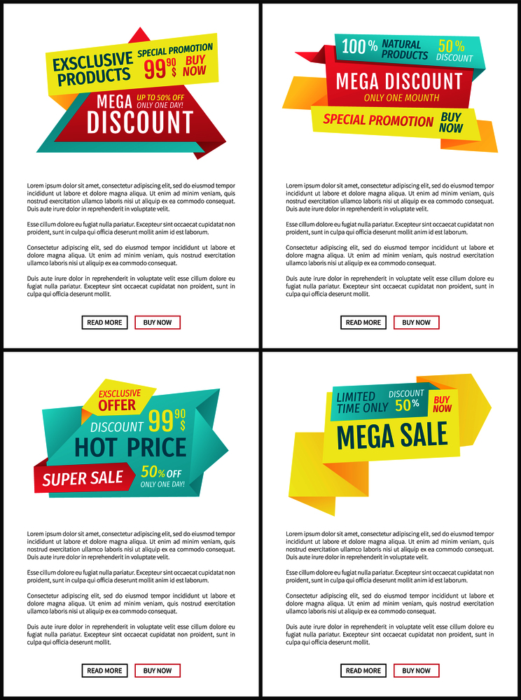 Mega discount exclusive promotion posters and text sample. Hot price super sale on limited time, Shop announcements of stores deals and offers vector. Mega Discount Promotion Set Vector Illustration