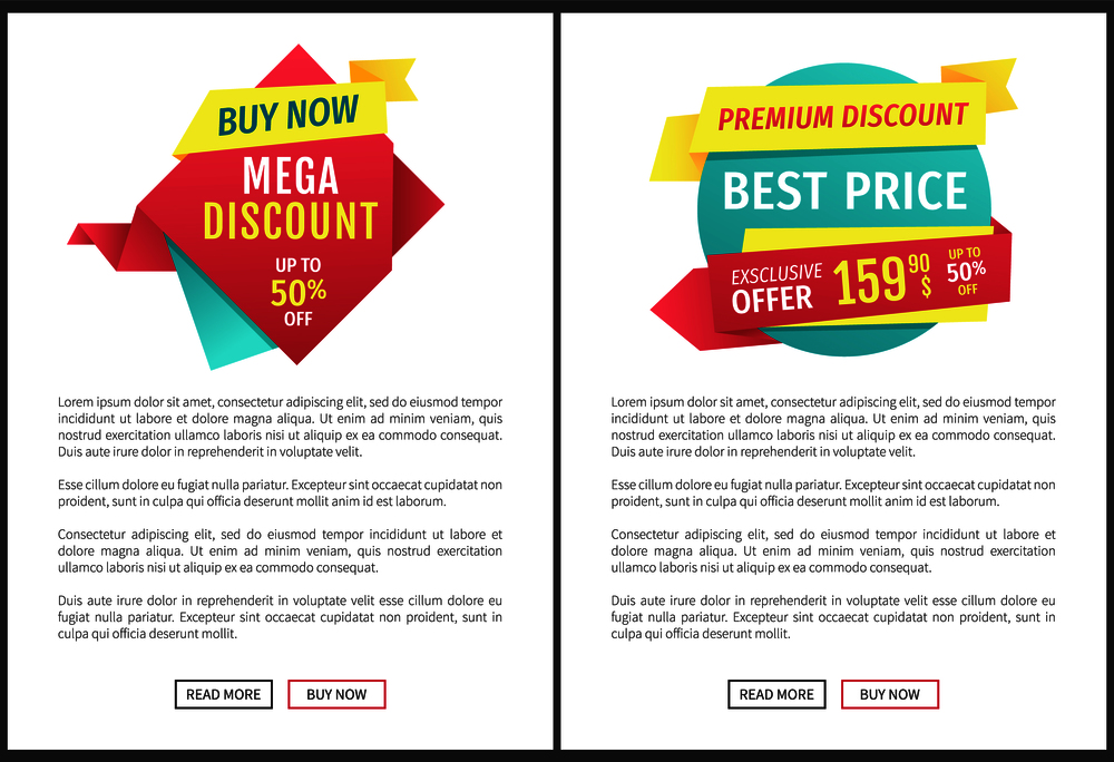 Mega discount with buy now on rhomb and best price with premium discount on sphere advert label. Exclusive offer landing page with read more button.. Exclusive Offer Flat Vector Labels Landing Page