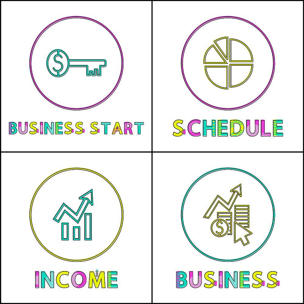 Business start key, schedule diagram and growing income lineout icon management thematic illustration set to depict all needed for successful start-up. Business Start Key Schedule Diagram Growing Income
