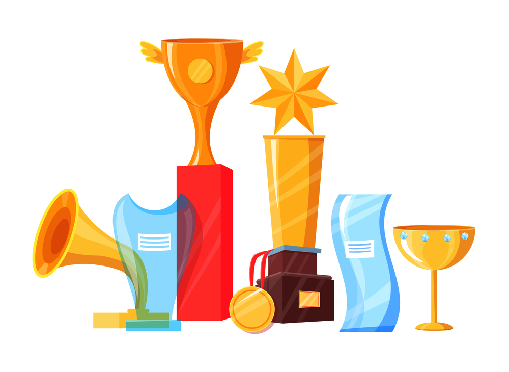 Awards set of different shape vector illustration. Golden trophy cups and medal, star on pedestal and gramophone, irregular glass figures with labels. Awards Set of Different Shape Vector Illustration