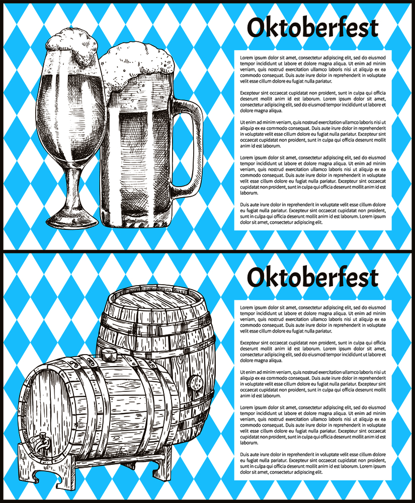 Oktoberfest beer objects set hand drawn icons. Full tumblers with flowing foam and wooden barrels on blue and white rhombuses vintage vector template. Oktoberfest Beer Objects Set Hand Drawn Icons