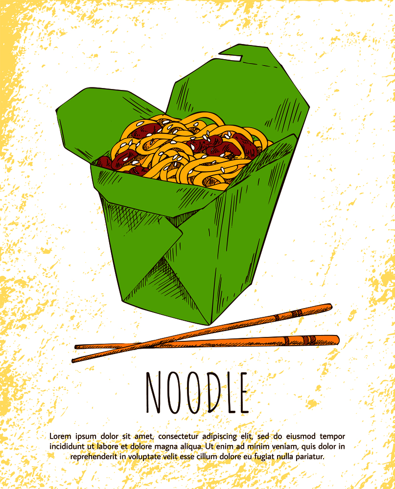 Noodle asian meal colorful vector illustration of pasta with meat pieces packed into green case, special chopsticks and traditional chinese snack. Noodle Asian Meal Colorful Vector Illustration