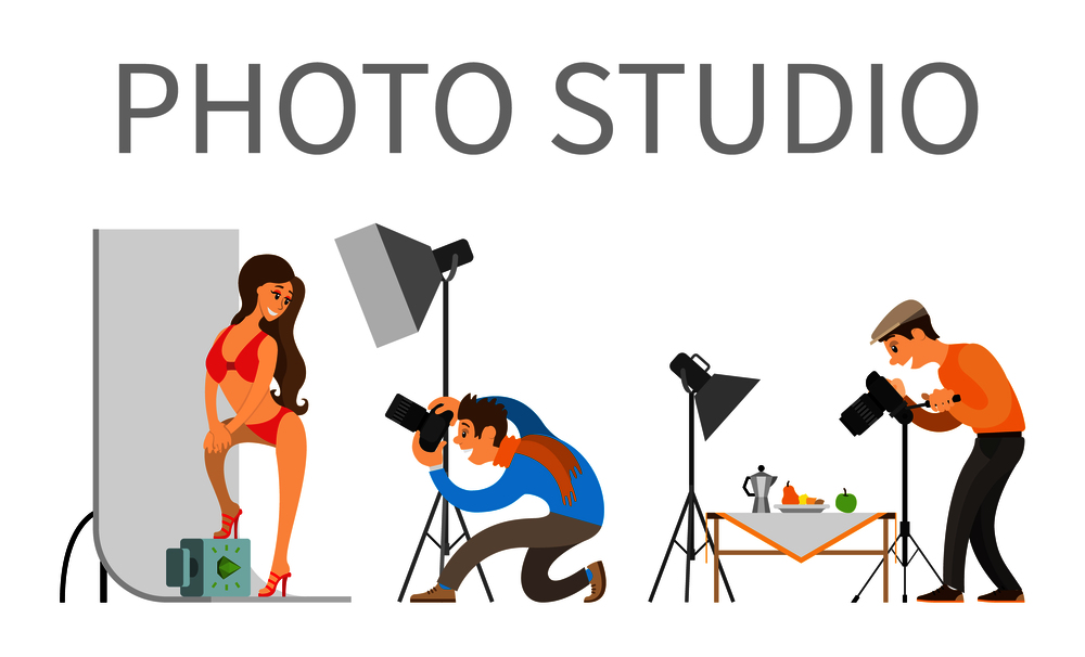 Photo studio photographer and model in swimsuit. Professional light focusing spotlight, photographing equipment. Man photographing food on table vector. Photographer and Model in Swimsuit in Photo Studio