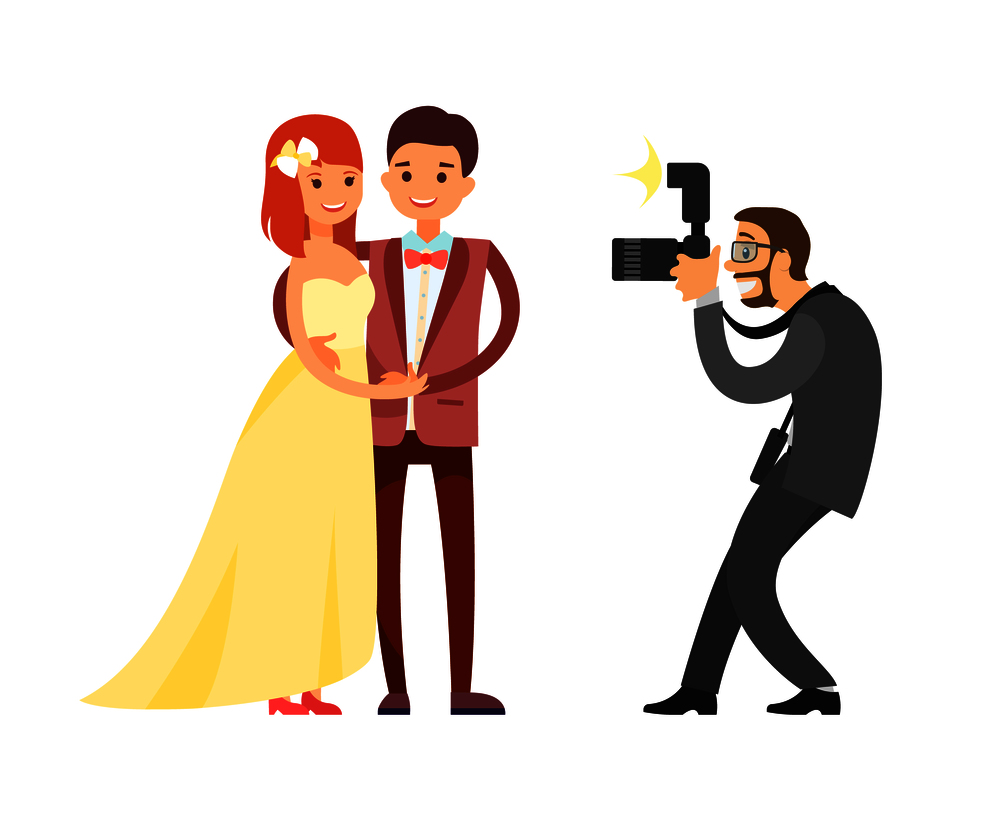 Photographer taking photos of joyful just married couple vector illustration isolated. Freelancer taking pictures of wedding, pretty bride and handsome groom. Photographer Taking Photos of Just Married Couple