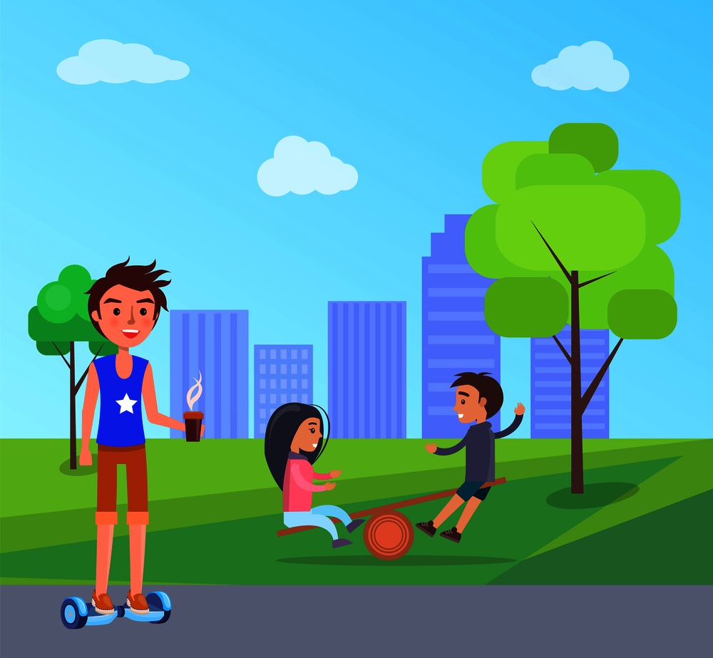Students and children playing with big ball in park vector. Cityscape with skyscraper buildings and clouds above. Male on gyroscooter with coffee. Students and Children Playing in Park Vector