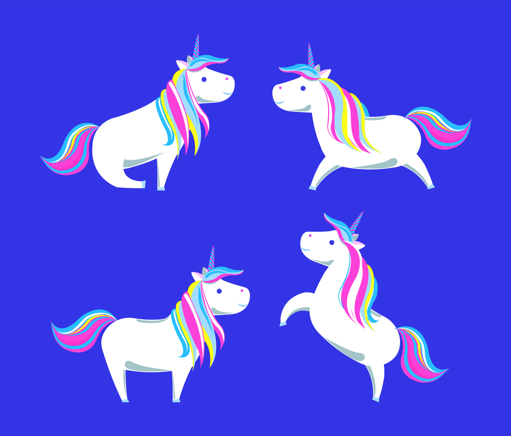 Happy white unicorns with rainbow color mane and horn vector isolated on blue. Cartoon horses, childish characters from dreams, pretty horse babies. Happy White Unicorns Rainbow Color Mane and Horn