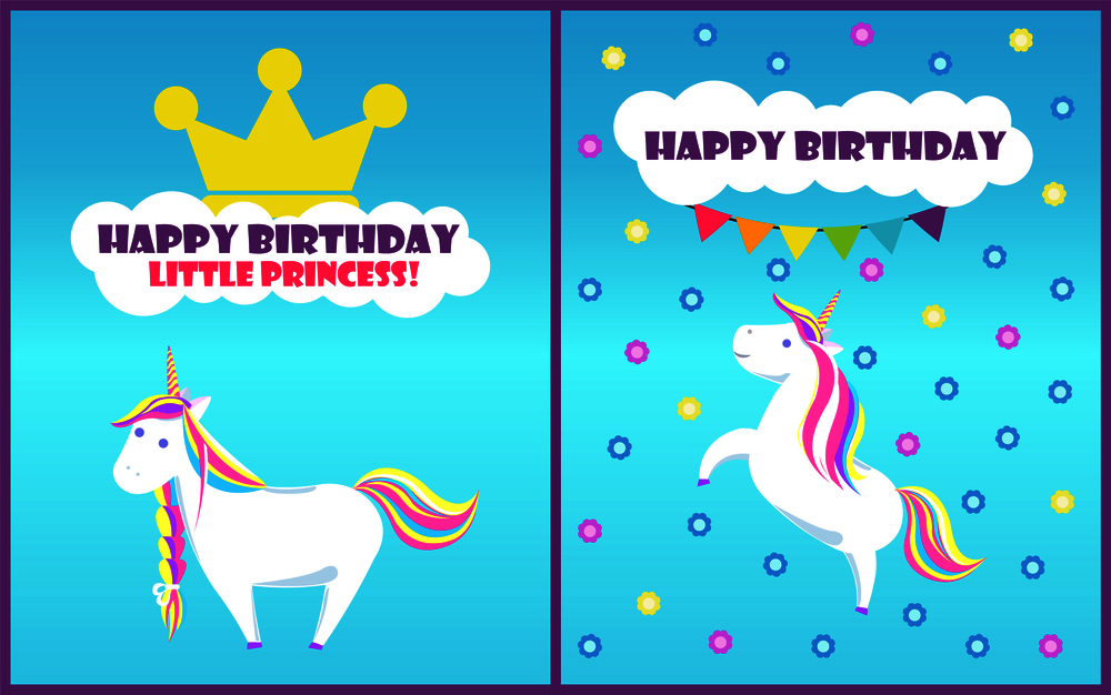 Happy Birthday little princess cards set vector. Unicorn mythological creature and crown, flowers and text sample in cloud box, bubble and greeting. Happy Birthday Little Princess Card Set Vector