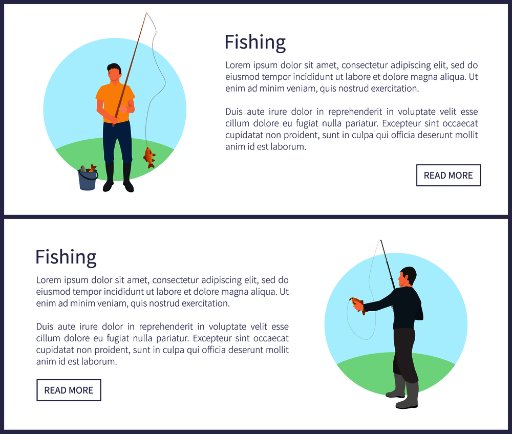 Fishing fisherman with rod and fish vector illustration. Standing fishers with fish-rods, just caught crucian and full bucket isolated on landscape. Fisherman with Fishing Rod and Fish Vector Icon