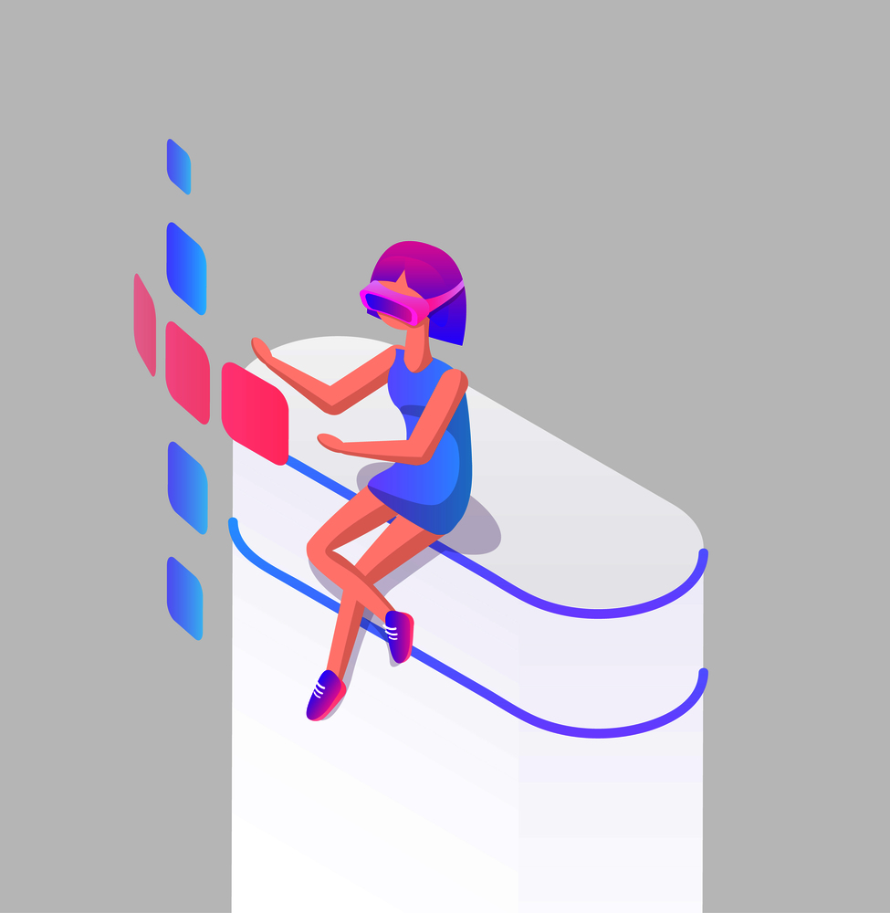 Landing page girl in glasses for virtual reality vector cartoon banner. Teenager sitting on digital seat and looking through color pages of interface. Landing Page Girl in Glasses for Virtual Reality