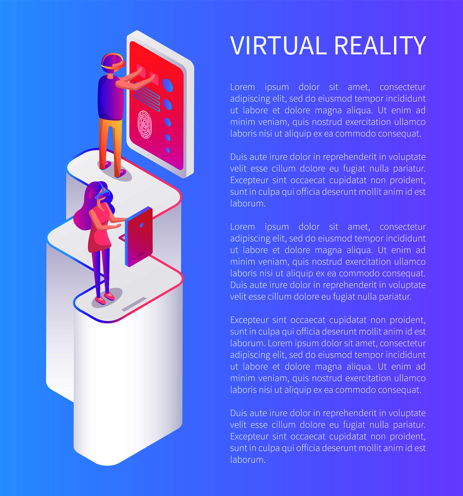 People playing video games in glasses virtual reality vector banner, text sample. Girl and boy in front of screens and having fun, standing on column. People Playing in Glasses Virtual Reality Cartoon