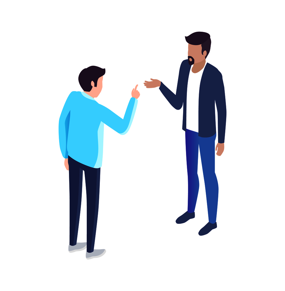 People analyst and manager have discussion cartoon banner vector set. Men in classic suits discussing issues gesturing 3d models side view under angle. People Analyst and Manager Have Discussion Cartoon