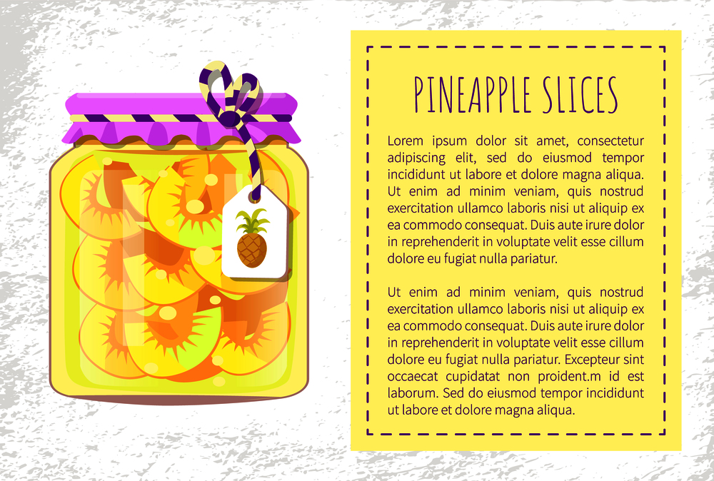 Pineapple slices canned preserved food poster, fruits in glass jar decorated by bow and label with pine depiction. Tropical fruit conservation vector. Pineapple Slices Canned Preserved Food Poster