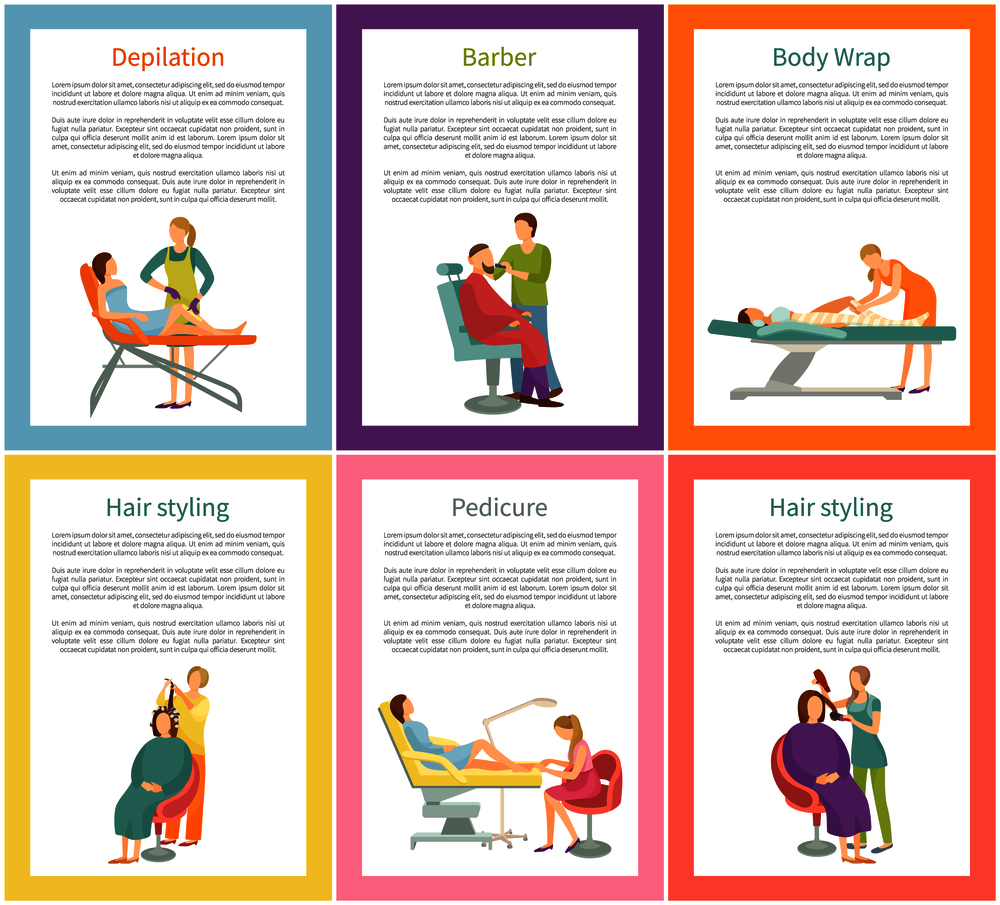 Hair stylist and depilation posters set with text and people vector. Barber man service beard treatment, wrap body with special liquid and material. Hair Stylist and Depilation Posters Set Vector
