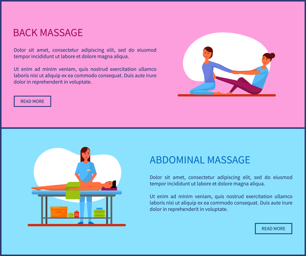 Back and abdominal massage therapy and treatment of body. Set of posters with text sample, massaging masseuses, rubbing man belly with lotion vector. Back and Abdominal Massage Therapy Set Vector