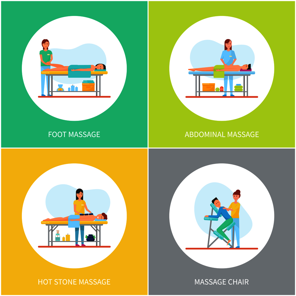 Foot and abdominal back massage icons set vector. Legs and back care with hot stones method, chair for massaging body. Masseuses and happy clients. Foot and Abdominal Back Massage Icons Set Vector