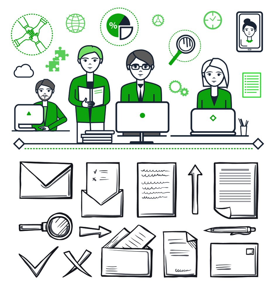Male and female collaboration, teamwork of workers vector. Isolated icons set of papers magnifying glass and marks. Arrowheads, correspondence letters. Male and Female Collaboration Teamwork Vector
