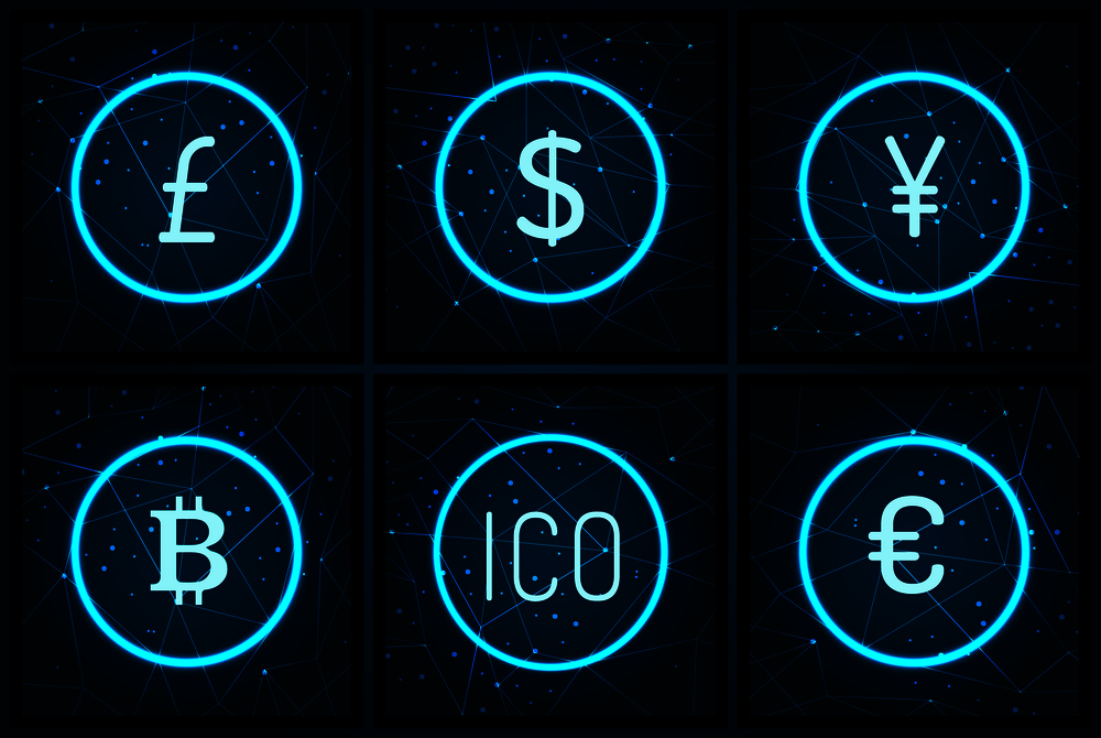 Bitcoin yen and pound sterling set icons vector. Icon and euro European currency, digital cryptocurrency finance and money. American dollar sign. Bitcoin Yen and Pound Sterling Set Icons Vector