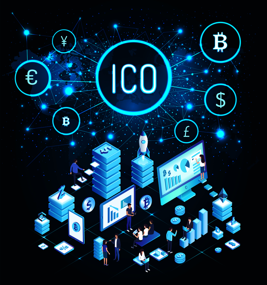 Ico bitcoin cryptocurrency people working on mining plantation getting virtual coins vector. Technology and computers, workers map and world currency. Ico Bitcoin Cryptocurrency People Mining Vector