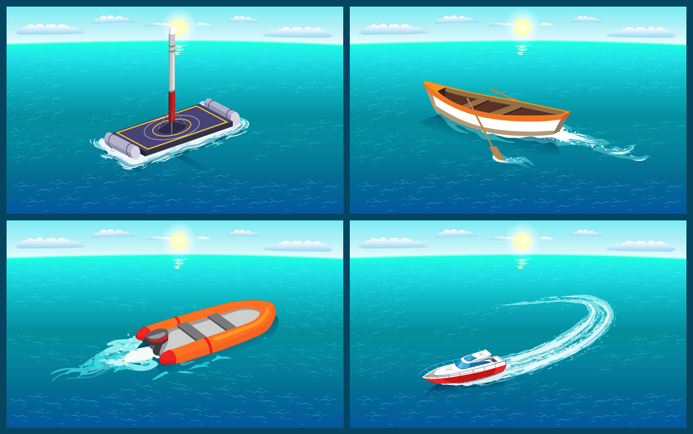 Water transport, various kinds of ships and vessels set vector. Wooden rowing boat, motor ship and platform for rocket launching. Transportation ways. Water Transport Various Kinds of Ships Set Vector